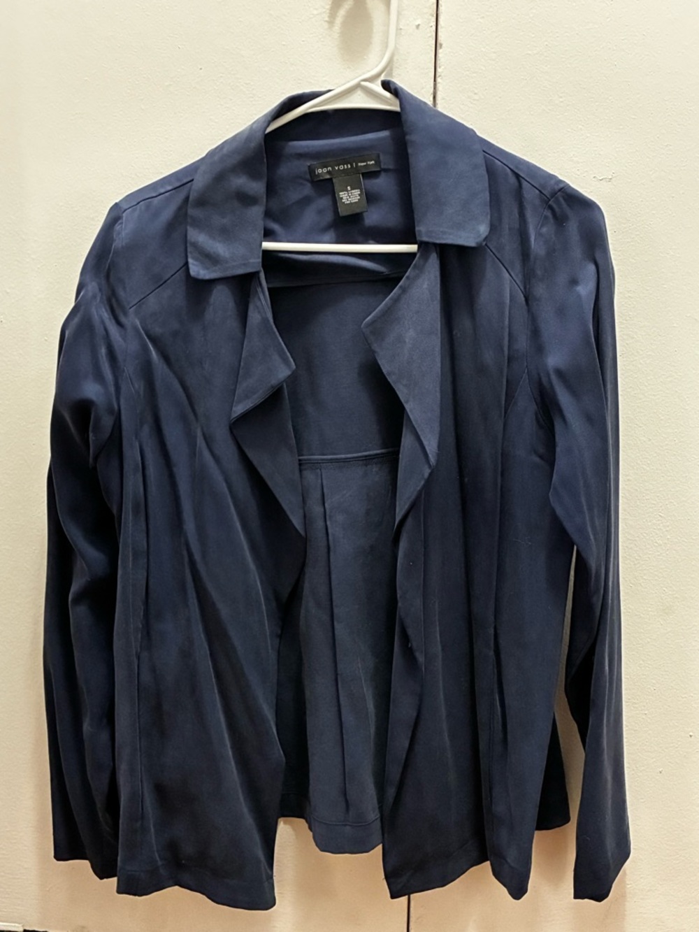 Joan Vass Navy Draped Open-Front Shirt